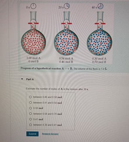 Os
20 s
40 s
1.00 mol A
0 mol B
0.54 mol A
0.46 mol B
0.30 mol A
0.70 mol B
Progress of a hypothetical reaction A→B. The volume of the flask is 1.0 L
Part A
Estimate the number of moles of A in the mixture after 30 s.
O between 0.46 and 0.58 mol
O between 0.41 and 0.54 mol
O 0.58 mol
O between 0.58 and 0.70 mol
0.41 mol
O between 0.30 and 0.41 mol
Submit
Request Answer