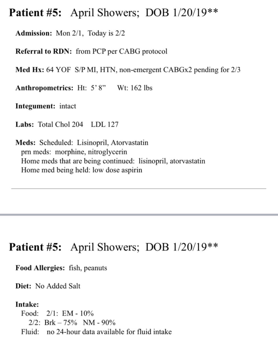 Patient #5: April Showers; DOB 1/20/19**
Admission: Mon 2/1, Today is 2/2
Referral to RDN: from PCP per CABG protocol
Med Hx: 64 YOF S/P MI, HTN, non-emergent CABGx2 pending for 2/3
Anthropometrics: Ht: 5'8" Wt: 162 lbs
Integument: intact
Labs: Total Chol 204 LDL 127
Meds: Scheduled: Lisinopril, Atorvastatin
prn meds: morphine, nitroglycerin
Home meds that are being continued: lisinopril, atorvastatin
Home med being held: low dose aspirin
Patient #5: April Showers; DOB 1/20/19**
Food Allergies: fish, peanuts
Diet: No Added Salt
Intake:
Food: 2/1: EM-10%
2/2: Brk 75% NM-90%
Fluid: no 24-hour data available for fluid intake