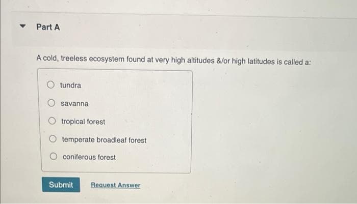 Part A
A cold, treeless ecosystem found at very high altitudes &/or high latitudes is called a:
O tundra
savanna
O tropical forest
temperate broadleaf forest
coniferous forest
Submit
Request Answer
