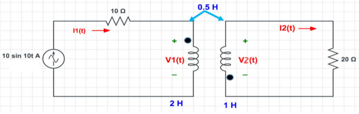 10 sin 10t A
î
11(t)
10 Q2
ww
V1(t)
2 H
0.5 H
m
ell
1 H
V2(t)
12(t)
ww
20 Ω