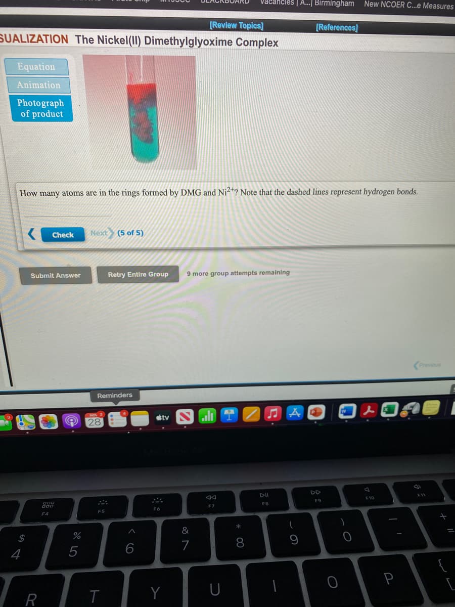 vacancies | A. Birmingham New NCOER C...e Measures
[Review Topics]
SUALIZATION The Nickel(II) Dimethylglyoxime Complex
[References]
Equation
Animation
Photograph
of product
How many atoms are in the rings formed by DMG and Ni2+? Note that the dashed lines represent hydrogen bonds.
Check
Next
(5 of 5)
Submit Answer
Retry Entire Group
9 more group attempts remaining
(Previous
Reminders
étv
28
DII
DD
F11
F10
F9
F7
FB
F6
F5
F4
&
$
6
7
8
9
4
P
U
R
レ
