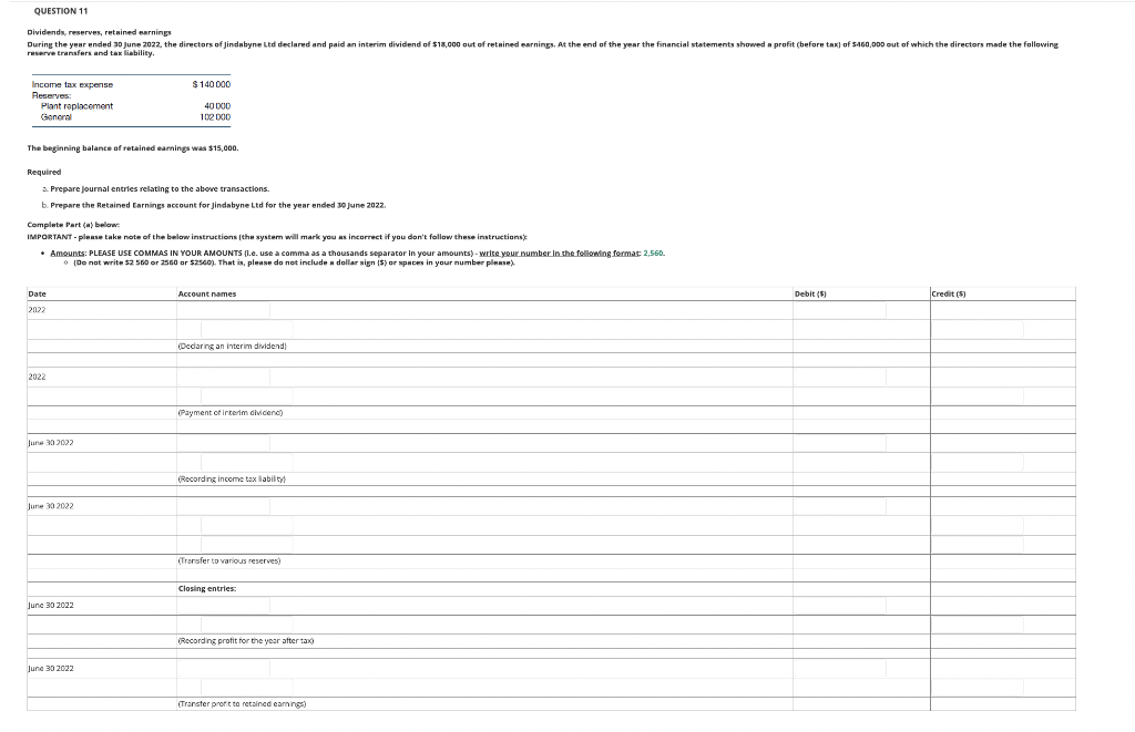 QUESTION 11
Dividends, reserves, retained earnings
During the year ended 30 June 2022, the directors of Jindabyne Ltd declared and paid an interim dividend of $18,000 out of retained earnings. At the end of the year the financial statements showed a profit (before tax) of $460,000 out of which the directors made the following
reserve transfers and tax liability.
Income tax expense
Reserves:
Plant replacement
General
Required
The beginning balance of retained earnings was $15,000.
Prepare journal entries relating to the above transactions.
b. Prepare the Retained Earnings account for Jindabyne Ltd for the year ended 30 June 2022.
Complete Part (a) below
IMPORTANT - please take note of the below instructions (the system will mark you as incorrect if you don't follow these instructions
Date
2022
• Amounts: PLEASE USE COMMAS IN YOUR AMOUNTS (1.e. use a comma as a thousands separator in your amounts)- write your number in the following format: 2,560.
(Do not write $2 560 or 2560 or $2560). That is, please do not include a dollar sign ($) or spaces in your number please).
2022
$140000
June 30 2022
40 000
102 000
June 30 2022
June 30 2022
June 30 2022
Account names
(Declaring an interim dividend)
(Payment of interim divicienc)
(Recording income tax liability)
(Transfer to various reserves)
Closing entries:
(Recording profit for the year after tax)
(Transfer profit to retained earnings)
Debit (5)
Credit (5)