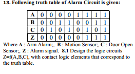 13. Following truth table of Alarm Circuit is given:
A0000 1111|
B001 10011
CO1010101
z000 00|11 | 1
Where A: Arm Alarm;, B: Motion Sensor;, C: Door Open
Sensor;, Z: Alarm signal. 8.1 Design the logic circuits
Z=f[A,B,C), with contact logic elements that correspond to
the truth table.
