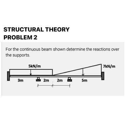 STRUCTURAL THEORY
PROBLEM 2
For the continuous beam shown determine the reactions over
the supports.
5kN/m
| 7kN/m
3m
2m
2m
5m
