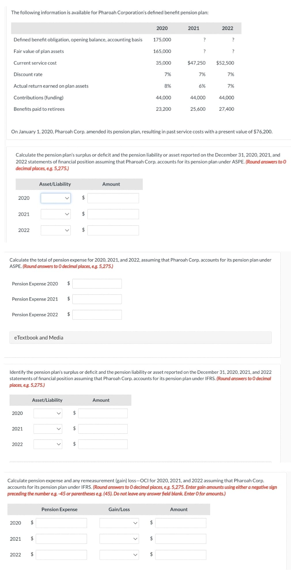 The following information is available for Pharoah Corporation's defined benefit pension plan:
2020
2021
Defined benefit obligation, opening balance, accounting basis
175,000
?
?
Fair value of plan assets
165,000
?
?
Current service cost
35,000
$47,250
$52,500
Discount rate
7%
7%
7%
Actual return earned on plan assets
8%
6%
7%
Contributions (funding)
44,000
44,000
44,000
Benefits paid to retirees
23,200
25,600
27,400
On January 1, 2020, Pharoah Corp. amended its pension plan, resulting in past service costs with a present value of $76,200.
Calculate the pension plan's surplus or deficit and the pension liability or asset reported on the December 31, 2020, 2021, and
2022 statements of financial position assuming that Pharoah Corp. accounts for its pension plan under ASPE. (Round answers to O
decimal places, e.g. 5,275.)
Asset/Liability
Amount
2020
2021
$
2022
Calculate the total of pension expense for 2020, 2021, and 2022, assuming that Pharoah Corp. accounts for its pension plan under
ASPE. (Round answers to O decimal places, e.g. 5,275.)
Pension Expense 2020 $
Pension Expense 2021 $
Pension Expense 2022 $
eTextbook and Media
Identify the pension plan's surplus or deficit and the pension liability or asset reported on the December 31, 2020, 2021, and 2022
statements of financial position assuming that Pharoah Corp. accounts for its pension plan under IFRS. (Round answers to O decimal
places, e.g. 5,275.)
Asset/Liability
Amount
2020
$
2021
$
2022
Calculate pension expense and any remeasurement (gain) loss-OCI for 2020, 2021, and 2022 assuming that Pharoah Corp.
accounts for its pension plan under IFRS. (Round answers to O decimal places, e.g. 5,275. Enter gain amounts using either a negative sign
preceding the number e.g. -45 or parentheses e.g. (45). Do not leave any answer field blank. Enter O for amounts.)
Pension Expense
Gain/Loss
Amount
2020 $
$
2021 $
$
2022 $
2022