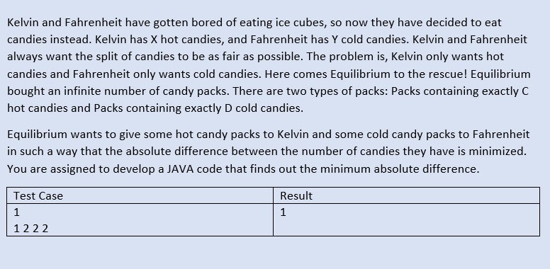 Kelvin and Fahrenheit have gotten bored of eating ice cubes, so now they have decided to eat
candies instead. Kelvin has X hot candies, and Fahrenheit has Y cold candies. Kelvin and Fahrenheit
always want the split of candies to be as fair as possible. The problem is, Kelvin only wants hot
candies and Fahrenheit only wants cold candies. Here comes Equilibrium to the rescue! Equilibrium
bought an infinite number of candy packs. There are two types of packs: Packs containing exactly C
hot candies and Packs containing exactly D cold candies.
Equilibrium wants to give some hot candy packs to Kelvin and some cold candy packs to Fahrenheit
in such a way that the absolute difference between the number of candies they have is minimized.
You are assigned to develop a JAVA code that finds out the minimum absolute difference.
Test Case
Result
1
1
1222

