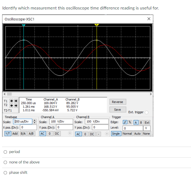 Identify which measurement this oscilloscope time difference reading is useful for.
Oscilloscope-XSC1
Time
250.000 us
1.261 ms
Channel_A
169.064 V
168.513 V
-550. 584 mV
Channel_B
89. 282 V
95.005 V
5.722 V
Reverse
T2-T1
1.011 ms
Save
Ext. trigger
Timebase
Scale: 200 us/Div : Scale: 100 V/Div
X pos. (Div): 0
Channel A
Channel B
Scale: 100 V/Div
Y pos. (Div): 0
Trigger
Edge: F
Level: 0
A B Ext
Y pos. (Div): 0
V
Y/T Add B/A
A/B
AC
DC
AC
DC
Single Normal
O period
O none of the above
O phase shift
