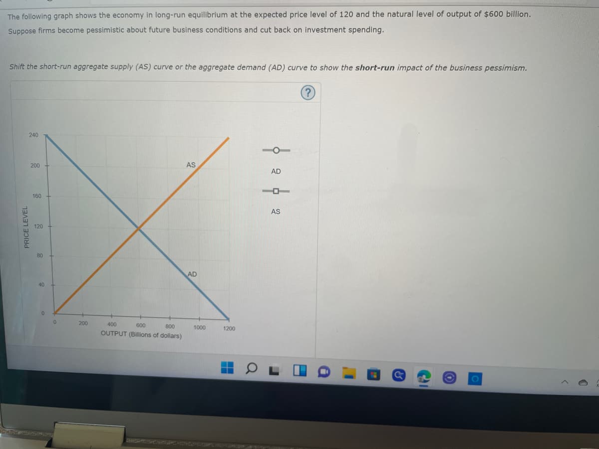 The following graph shows the economy in long-run equilibrium at the expected price level of 120 and the natural level of output of $600 billion.
Suppose firms become pessimistic about future business conditions and cut back on investment spending.
Shift the short-run aggregate supply (AS) curve or the aggregate demand (AD) curve to show the short-run impact of the business pessimism.
240
AS
AD
PRICE LEVEL
200
160
120
40
0
200
400
600
800
OUTPUT (Billions of dollars)
AD
1000
1200
þ
AS
C