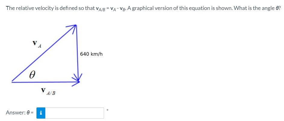 The relative velocity is defined so that vA/B = VA- VB. A graphical version of this equation is shown. What is the angle 6?
A
640 km/h
V
A/B
Answer: 0 = i
