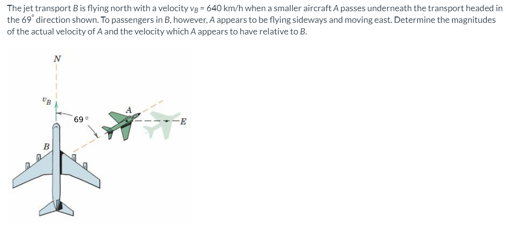 The jet transport B is flying north with a velocity VB = 640 km/h when a smaller aircraft A passes underneath the transport headed in
the 69° direction shown. To passengers in B, however, A appears to be flying sideways and moving east. Determine the magnitudes
of the actual velocity of A and the velocity which A appears to have relative to B.
N
UB
69.
-E
B

