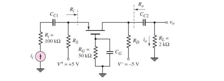 Ro
R;
Cc2
Cci
Rp io
RL =
2 kQ
R; =
100 k2
Rs
Rg =
50 ΚΩ
CG
V- =-5 V
v* = +5 V
