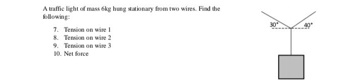 A traffic light of mass 6kg hung stationary from two wires. Find the
following:
30
40°
7. Tension on wire 1
8. Tension on wire 2
9. Tension on wire 3
10. Net force
