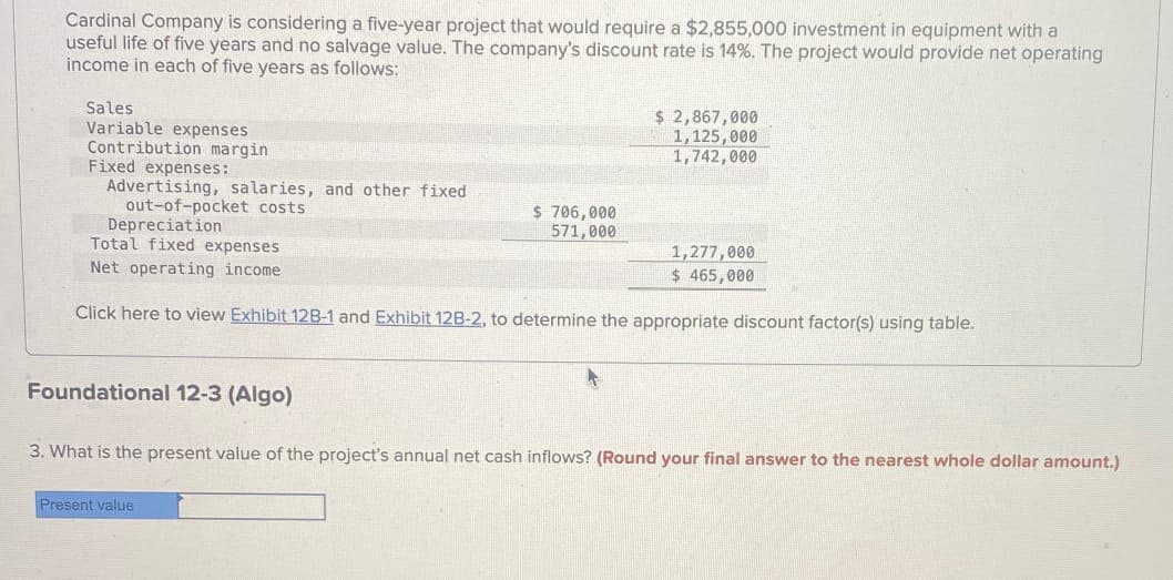 Cardinal Company is considering a five-year project that would require a $2,855,000 investment in equipment with a
useful life of five years and no salvage value. The company's discount rate is 14%. The project would provide net operating
income in each of five years as follows:
Sales
Variable expenses
$ 2,867,000
1,125,000
Contribution margin
Fixed expenses:
Advertising, salaries, and other fixed
out-of-pocket costs
Depreciation
$ 706,000
571,000
1,742,000
Total fixed expenses
Net operating income
1,277,000
$ 465,000
Click here to view Exhibit 12B-1 and Exhibit 12B-2, to determine the appropriate discount factor(s) using table.
Foundational 12-3 (Algo)
3. What is the present value of the project's annual net cash inflows? (Round your final answer to the nearest whole dollar amount.)
Present value