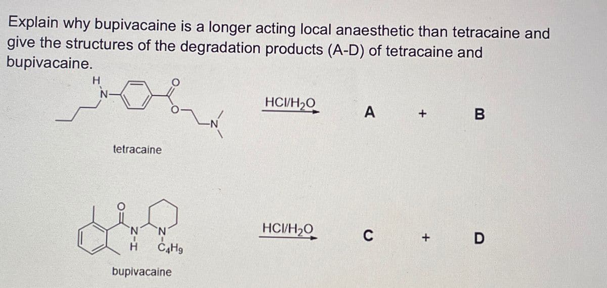 Explain why bupivacaine is a longer acting local anaesthetic than tetracaine and
give the structures of the degradation products (A-D) of tetracaine and
bupivacaine.
متر
tetracaine
HCI/H₂O
A
B
N
N
HCI/H₂O
C
D
H
C4H9
bupivacaine
