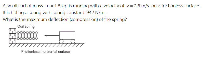 A small cart of mass m = 1.8 kg is running with a velocity of v = 2.5 m/s on a frictionless surface.
It is hitting a spring with spring constant 942 N/m.
What is the maximum deflection (compression) of the spring?
Coil spring
Frictionless, horizontal surface
