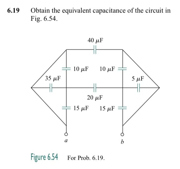 6.19
Obtain the equivalent capacitance of the circuit in
Fig. 6.54.
35 μF
Figure 6.54
40 μF
10 μF
10 μF
20 μF
15 μF 15 μF
For Prob. 6.19.
b
5 μF
HH