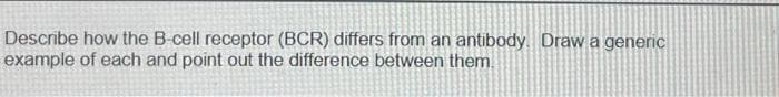 Describe how the B-cell receptor (BCR) differs from an antibody. Draw a generic
example of each and point out the difference between them.