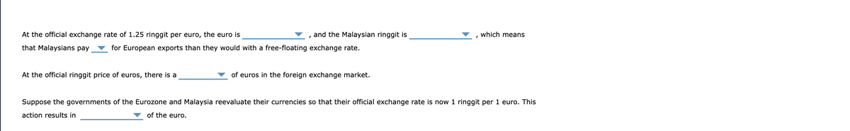 At the official exchange rate of 1.25 ringgit per euro, the euro is
that Malaysians pay
, and the Malaysian ringgit is
for European exports than they would with a free-floating exchange rate.
which means
At the official ringgit price of euros, there is a
of euros in the foreign exchange market.
Suppose the governments of the Eurozone and Malaysia reevaluate their currencies so that their official exchange rate is now 1 ringgit per 1 euro. This
action results in
of the euro.