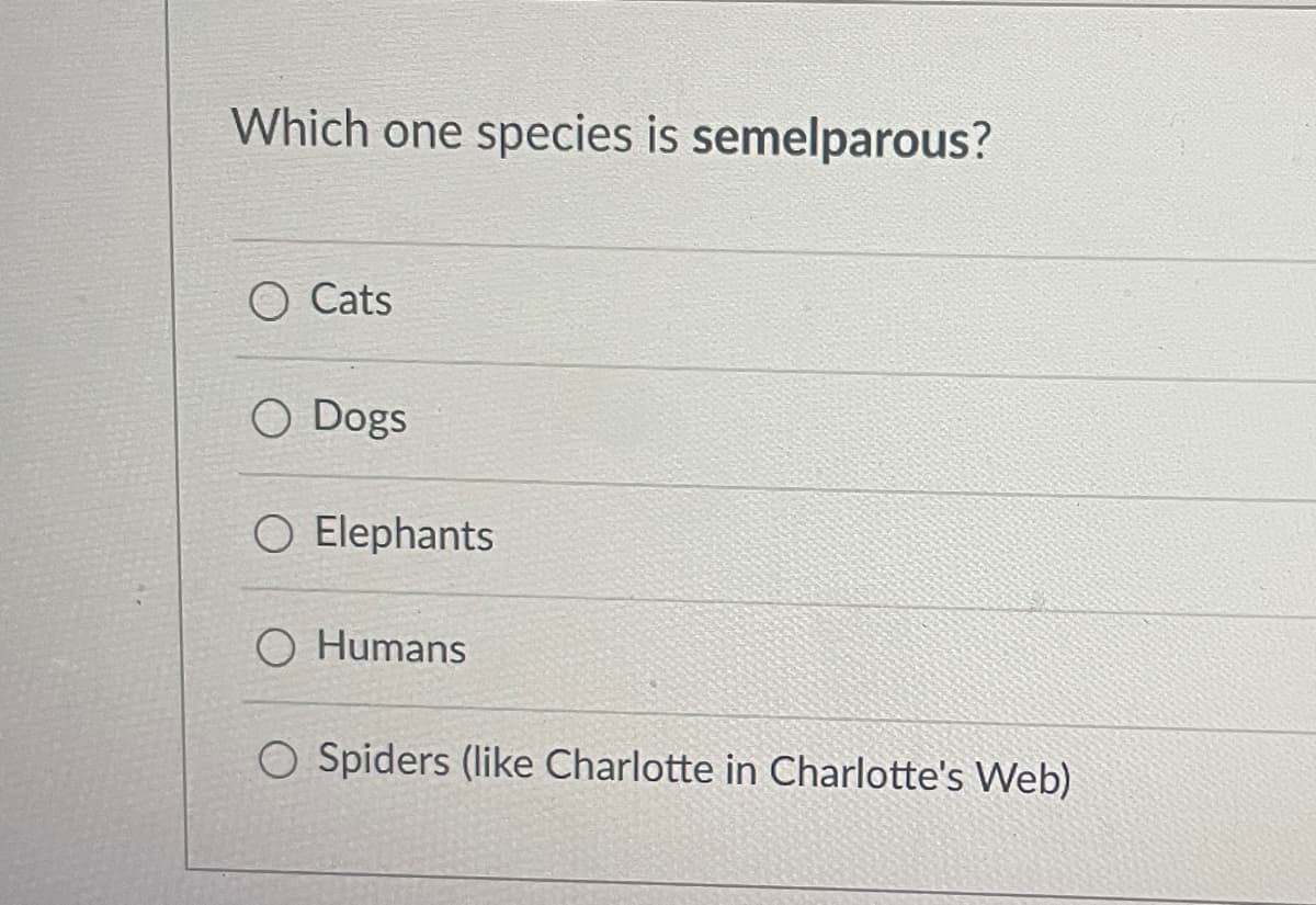 Which one species is semelparous?
Cats
O Dogs
O Elephants
O Humans
O Spiders (like Charlotte in Charlotte's Web)