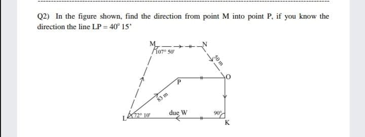 Q2) In the figure shown, find the direction from point M into point P, if you know the
direction the line LP = 40° 15'
M.
Ror s0
° 10
due W
90°
K
50 m
