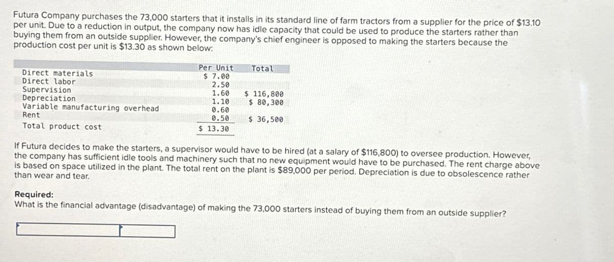 Futura Company purchases the 73,000 starters that it installs in its standard line of farm tractors from a supplier for the price of $13.10
per unit. Due to a reduction in output, the company now has idle capacity that could be used to produce the starters rather than
buying them from an outside supplier. However, the company's chief engineer is opposed to making the starters because the
production cost per unit is $13.30 as shown below:
Direct materials
Direct labor
Supervision
Depreciation
Variable manufacturing overhead
Rent
Total product cost
Per Unit
Total
$ 7.00
2.50
1.60
$ 116,800
1.10
$ 80,300
0.60
0.50
$ 13.30
$ 36,500
If Futura decides to make the starters, a supervisor would have to be hired (at a salary of $116,800) to oversee production. However,
the company has sufficient idle tools and machinery such that no new equipment would have to be purchased. The rent charge above
is based on space utilized in the plant. The total rent on the plant is $89,000 per period. Depreciation is due to obsolescence rather
than wear and tear.
Required:
What is the financial advantage (disadvantage) of making the 73,000 starters instead of buying them from an outside supplier?