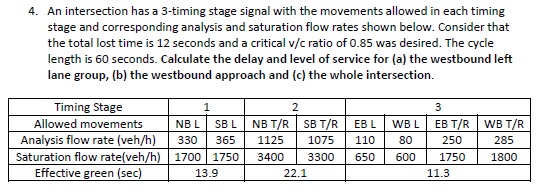 4. An intersection has a 3-timing stage signal with the movements allowed in each timing
stage and corresponding analysis and saturation flow rates shown below. Consider that
the total lost time is 12 seconds and a critical v/c ratio of 0.85 was desired. The cycle
length is 60 seconds. Calculate the delay and level of service for (a) the westbound left
lane group, (b) the westbound approach and (c) the whole intersection.
Timing Stage
Allowed movements
Analysis flow rate (veh/h)
Saturation flow rate(veh/h)
Effective green (sec)
1
NBL SB L
330 365
1700 1750
13.9
2
NB T/R SB T/R EB L
1075
3300
1125
3400
22.1
WB L
110 80
650 600
3
EB T/R WB T/R
250
285
1750
1800
11.3