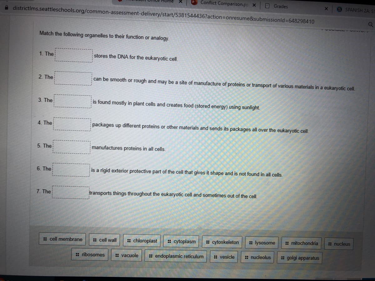 Conflict Comparison.pp X
O Grades
S SPANISH 2A: ST
A districtims.seattleschools.org/common-assessment-delivery/start/5381544436?action3Donresume&submissionld=648298410
Match the following organelles to their function or analogy.
1. The
stores the DNA for the eukaryotic cell.
2. The
can be smooth or rough and may be a site of manufacture of proteins or transport of various materials in a eukaryotic cell.
3. The
is found mostly in plant cells and creates food (stored energy) using sunlight.
4. The
packages up different proteins or other materials and sends its packages all over the eukaryotic cell.
5. The
manufactures proteins in all cells.
6. The
is a rigid exterior protective part of the cell that gives it shape and is not found in all cells.
7. The
transports things throughout the eukaryotic cell and sometimes out of the cell.
: cell membrane
: cell wall
: chloroplast
: cytoplasm
: cytoskeleton
: lysosome
: mitochondria
: nucleus
: ribosomes
: vacuole
: endoplasmic reticulum
: vesicle
:: nucleolus
: golgi apparatus
