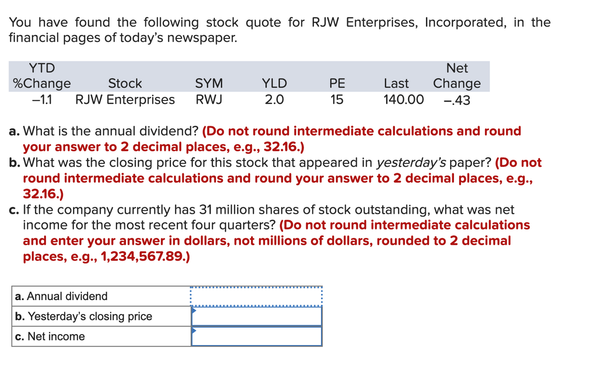 You have found the following stock quote for RJW Enterprises, Incorporated, in the
financial pages of today's newspaper.
YTD
%Change
Stock
SYM
−1.1 RJW Enterprises RWJ
YLD
2.0
PE
15
a. Annual dividend
b. Yesterday's closing price
c. Net income
Net
Last Change
140.00 -.43
a. What is the annual dividend? (Do not round intermediate calculations and round
your answer to 2 decimal places, e.g., 32.16.)
b. What was the closing price for this stock that appeared in yesterday's paper? (Do not
round intermediate calculations and round your answer to 2 decimal places, e.g.,
32.16.)
c. If the company currently has 31 million shares of stock outstanding, what was net
income for the most recent four quarters? (Do not round intermediate calculations
and enter your answer in dollars, not millions of dollars, rounded to 2 decimal
places, e.g., 1,234,567.89.)