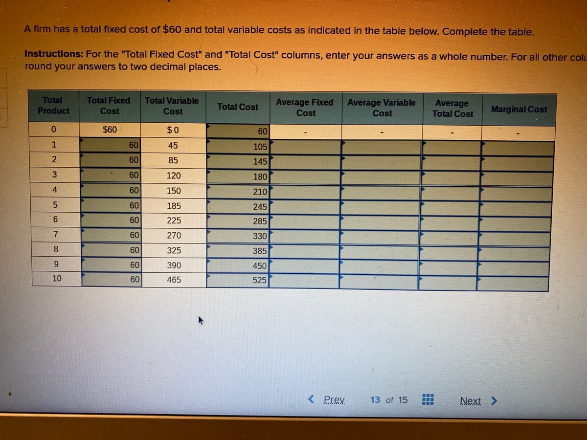 A firm has a total fixed cost of $60 and total variable costs as indicated in the table below. Complete the table.
Instructions: For the "Total Fixed Cost" and "Total Cost" columns, enter your answers as a whole number. For all other coll
round your answers to two decimal places.
Total
Product
0
1
2
3
4
5
6
7
8
9
10
Total Fixed Total Variable
Cost
Cost
$60
60
60
60
60
60
60
60
60
60
60
$0
45
85
120
150
185
225
270
325
390
465
Total Cost
60
105
145
180
210
245
285
330
385
450
525
Average Fixed
Cost
< Prev
Average Variable
Cost
13 of 15
Average
Total Cost
‒‒‒
Marginal Cost
Next >