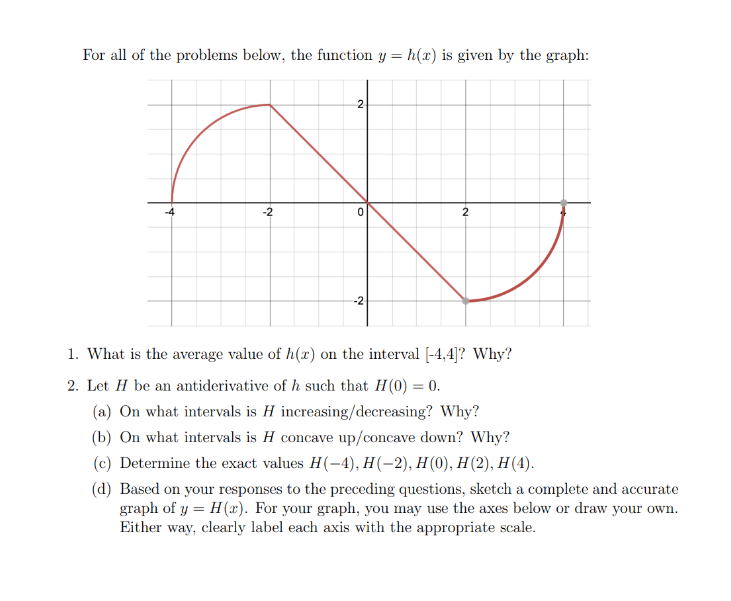 For all of the problems below, the function y = h(x) is given by the graph:
2
A
-2
0
-2
2
1. What is the average value of h(x) on the interval [-4,4]? Why?
2. Let H be an antiderivative of h such that H(0) = 0.
(a) On what intervals is H increasing/decreasing? Why?
(b) On what intervals is H concave up/concave down? Why?
(c) Determine the exact values H(-4), H(−2), H(0), H(2), H(4).
(d) Based on your responses to the preceding questions, sketch a complete and accurate
graph of y =H(x). For your graph, you may use the axes below or draw your own.
Either way, clearly label each axis with the appropriate scale.