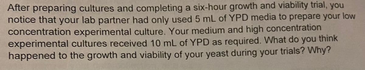 After preparing cultures and completing a six-hour growth and viability trial, you
notice that your lab partner had only used 5 mL of YPD media to prepare your low
concentration experimental culture. Your medium and high concentration
experimental cultures received 10 mL of YPD as required. What do you think
happened to the growth and viability of your yeast during your trials? Why?
