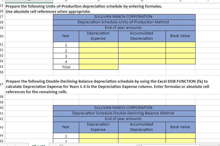 25 Prepare the following Units-of-Production depreciation schedule by entering formulas.
26 Use absolute cell references when appropriate.
27
28
29
30
31
32
33
34
35
36
37
38
39
40
41
42
43
44
45
Year
1
2
3
4
Total
Year
SULLIVAN RANCH CORPORATION
1
2
Depreciation Schedule-Units-of-Production Method
End of year amounts
Depreciation
Expense
Prepare the following Double-Declining-Balance depreciation schedule by using the Excel DDB FUNCTION (fx) to
calculate Depreciation Expense for Years 1-4 in the Depreciation Expense column. Enter formulas or absolute cell
references for the remaining cells.
Accumulated
Depreciation
SULLIVAN RANCH CORPORATION
Depreciation
Expense
Book Value
Depreciation Schedule-Double-Declining-Balance Method
End of year amounts
Accumulated
Depreciation
Book Value