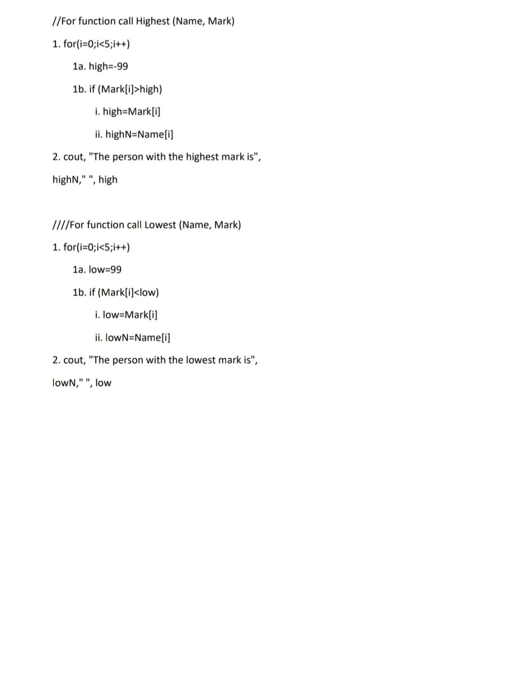 //For function call Highest (Name, Mark)
1. for(i=0;i<5;i++)
1a. high=-99
1b. if (Mark[i]>high)
i. high=Mark[i]
ii. highN=Name[i]
2. cout, "The person with the highest mark is",
highN," ", high
/For function call Lowest (Name, Mark)
1. for(i=0;i<5;i++)
1a. low=99
1b. if (Mark[i]<low)
i. low=Mark[i]
ii. lowN=Name[li]
2. cout, "The person with the lowest mark is",
lowN," ", low
