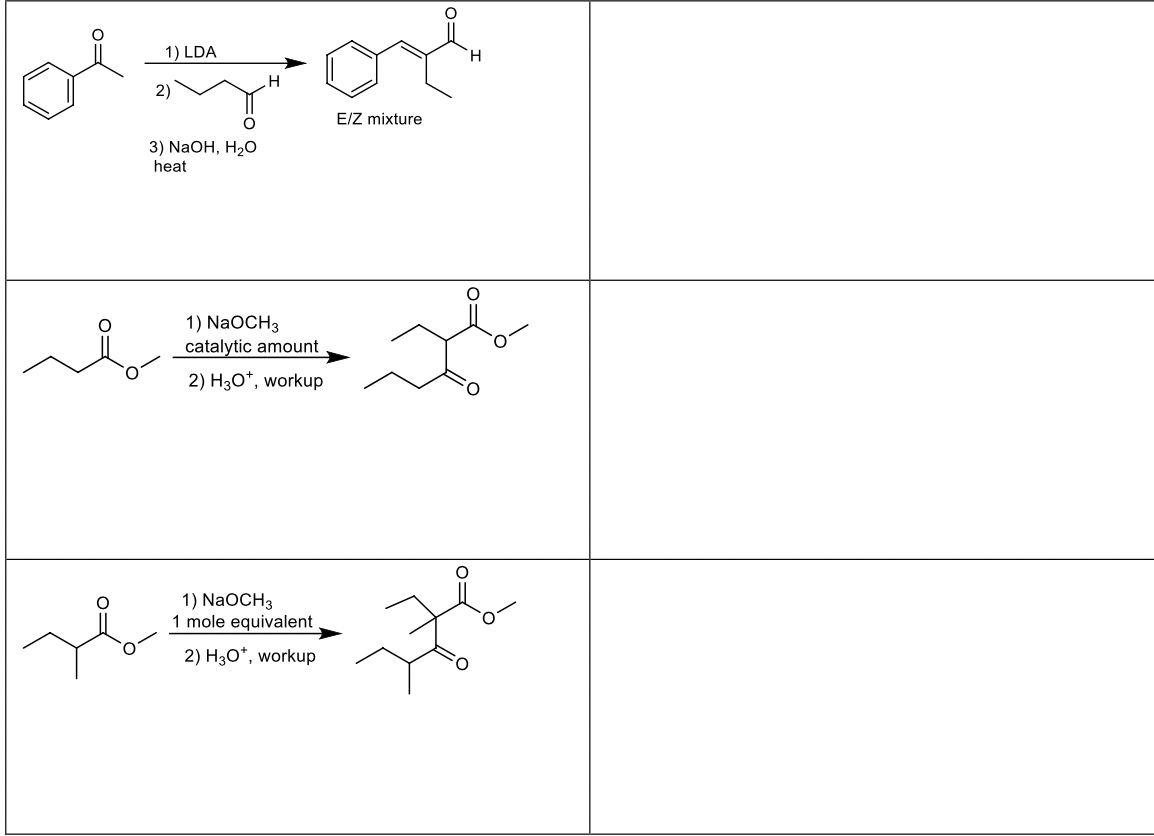 1) LDA
O
3) NaOH, H₂O
heat
H
1) NaOCH 3
catalytic amount
2) H3O*, workup
1) NaOCH3
1 mole equivalent
2) H3O+, workup
E/Z mixture
H