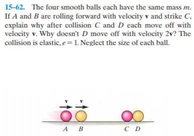 15-62. The four smooth balls each have the same mass m.
If A and B are rolling forward with velocity v and strike C,
explain why after collision C and D each move off with
velocity v. Why doesn't D move off with velocity 2v? The
collision is elastic, e=1. Neglect the size of each ball.
