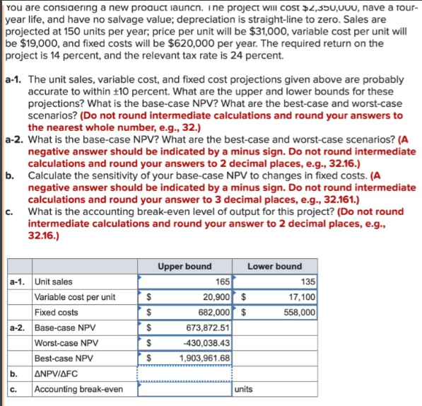 You are considering a new product launcn. Ine project will cost $2,350,000, nave a Tour-
year life, and have no salvage value; depreciation is straight-line to zero. Sales are
projected at 150 units per year; price per unit will be $31,000, variable cost per unit will
be $19,000, and fixed costs will be $620,000 per year. The required return on the
project is 14 percent, and the relevant tax rate is 24 percent.
a-1. The unit sales, variable cost, and fixed cost projections given above are probably
accurate to within ±10 percent. What are the upper and lower bounds for these
projections? What is the base-case NPV? What are the best-case and worst-case
scenarios? (Do not round intermediate calculations and round your answers to
the nearest whole number, e.g., 32.)
a-2. What is the base-case NPV? What are the best-case and worst-case scenarios? (A
negative answer should be indicated by a minus sign. Do not round intermediate
calculations and round your answers to 2 decimal places, e.g., 32.16.)
b. Calculate the sensitivity of your base-case NPV to changes in fixed costs. (A
negative answer should be indicated by a minus sign. Do not round intermediate
calculations and round your answer to 3 decimal places, e.g., 32.161.)
c. What is the accounting break-even level of output for this project? (Do not round
intermediate calculations and round your answer to 2 decimal places, e.g.,
32.16.)
Upper bound
Lower bound
a-1. Unit sales
165
135
Variable cost per unit
$
20,900 $
17,100
Fixed costs
$
682,000 $
558,000
a-2. Base-case NPV
$
673,872.51
Worst-case NPV
$
-430,038.43
Best-case NPV
$
1,903,961.68
b.
ANPV/AFC
C.
Accounting break-even
units