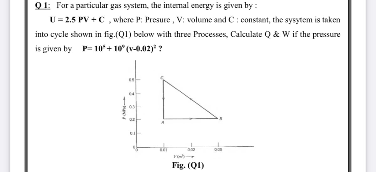 Q 1: For a particular gas system, the internal energy is given by :
U = 2.5 PV + C , where P: Presure , V: volume and C : constant, the sysytem is taken
into cycle shown in fig.(Q1) below with three Processes, Calculate Q & W if the pressure
is given by P= 105+ 10° (v-0.02)² ?
05-
0.4
0.3E
A 02E
0.1
0.01
002
003
V (m³) ->
Fig. (Q1)
P (MPa)
