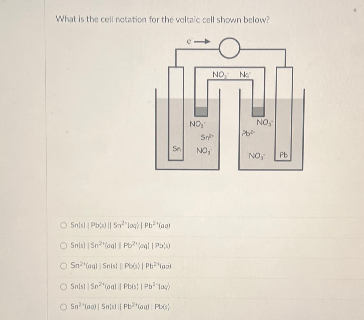 What is the cell notation for the voltaic cell shown below?
Sn(s) | Pb(s) || Sn2+(aq) | Pb2+(aq)
O Sn(s) | Sn2+(aq) || Pb2+(aq) | Pb(s)
O Sn2+(aq) | Sn(s) || Pb(s) | Pb2+(aq)
Sn(s) | Sn2+(aq) || Pb(s) | Pb2+(aq)
Sn2+(aq) | Sn(s) || Pb2+(aq) | Pb(s)
NO
Na
NO
NO
Pb2+
Sn
Sn
NO,
NO
Pb