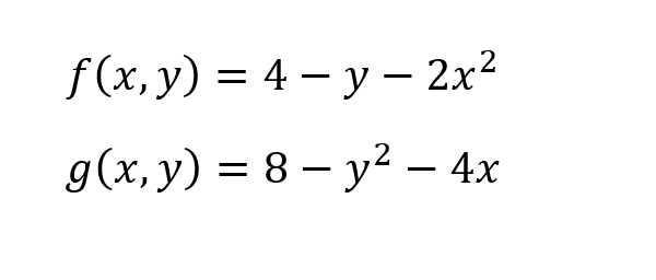 f(x, y) =4-y- 2x²
g(x,y)=8-y² - 4x