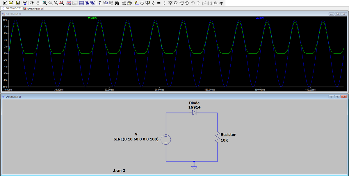 Q恩 一四名|品自自两
Em E3 Aa .op
K EXPERIMENT 01
EXPERIMENT 01
A EXPERIMENT 01
V(n002)
V(n001)
10V-
8V-
6V-
4V-
2V-
ov-
2V-
4V-
-6V-
-8V-
-10V-
0.00ms
30.00ms
60.00ms
90.00ms
120.00ms
150.00ms
180.00ms
K EXPERIMENT 01
O O x
Diode
1N914
V
Resistor
SINE(0 10 60000 100)
10K
.tran 2

