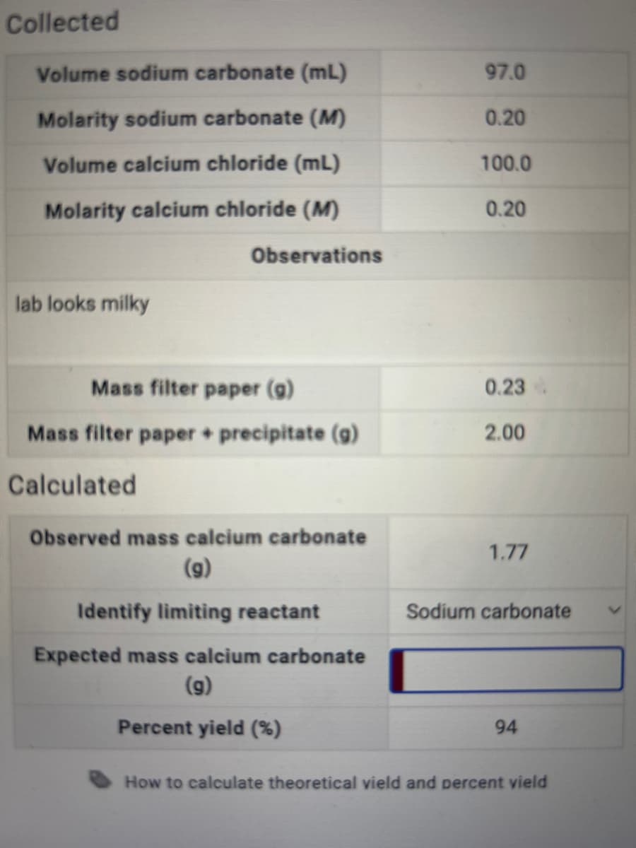 Collected
Volume sodium carbonate (mL)
Molarity sodium carbonate (M)
Volume calcium chloride (ml)
Molarity calcium chloride (M)
lab looks milky
Observations
Mass filter paper (g)
Mass filter paper + precipitate (g)
Calculated
Observed mass calcium carbonate
(g)
Identify limiting reactant
Expected mass calcium carbonate
(g)
Percent yield (%)
97.0
0.20
100.0
0.20
0.23
2.00
1.77
Sodium carbonate
94
How to calculate theoretical vield and percent vield
