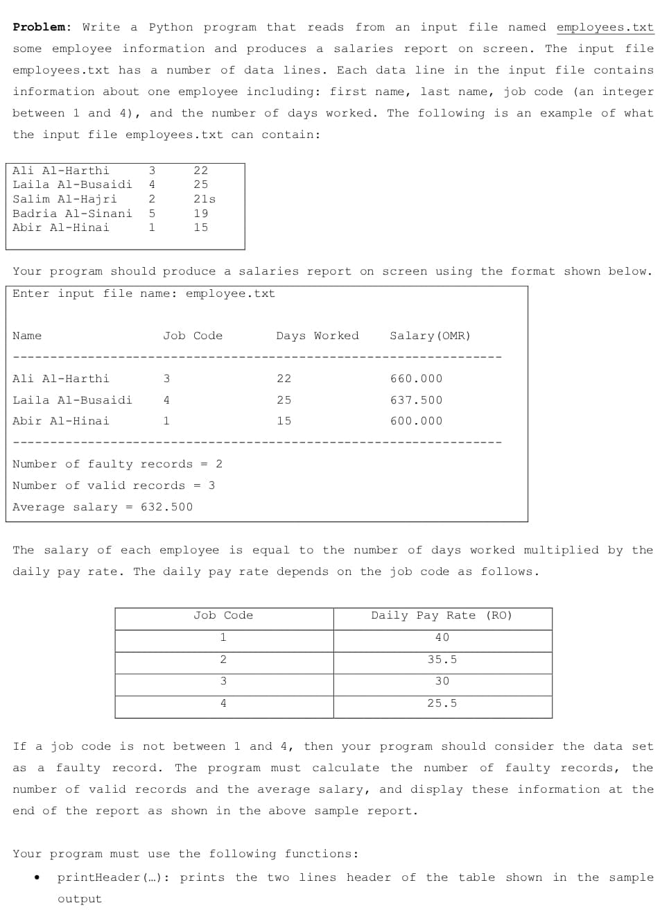 Problem: Write a Python program that
reads from an input file named employees.txt
some employee information and produces a salaries report on
screen.
The input file
employees.txt has a number of data lines. Each data line in the input file contains
information about one employee including: first name, last name, job code (an integer
between 1 and 4), and the number of days worked. The following is an example of what
the input file employees.txt can contain:
Ali Al-Harthi
22
Laila Al-Busaidi
4
25
Salim Al-Hajri
Badria Al-Sinani
2
21s
19
Abir Al-Hinai
1
15
Your program should produce a salaries report on screen using the format shown below.
Enter input file name: employee.txt
Name
Job Code
Days Worked
Salary (OMR)
Ali Al-Harthi
3
22
660.000
Laila Al-Busaidi
4
25
637.500
Abir Al-Hinai
15
600.000
Number of faulty records = 2
Number of valid records = 3
Average salary
= 632.500
The salary of each employee is equal to the number of days worked multiplied by the
daily pay rate. The daily pay rate depends on the job code as follows.
Job Code
Daily Pay Rate
(RO)
1
40
2
35.5
30
4
25.5
If a job code is not between 1 and 4, then your program should consider the data set
as
a faulty record. The program must
calculate the number of faulty records, the
number of valid records and the average salary, and display these information at the
end of the report as shown in the above sample report.
Your program must use the following functions:
printHeader (..) : prints the two lines header of the
table shown in the sample
output
