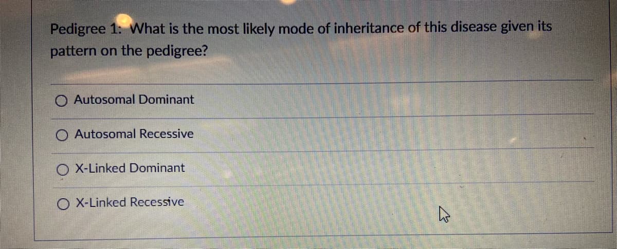 Pedigree 1: What is the most likely mode of inheritance of this disease given its
pattern on the pedigree?
Autosomal Dominant
Autosomal Recessive
O X-Linked Dominant
O X-Linked Recessive
