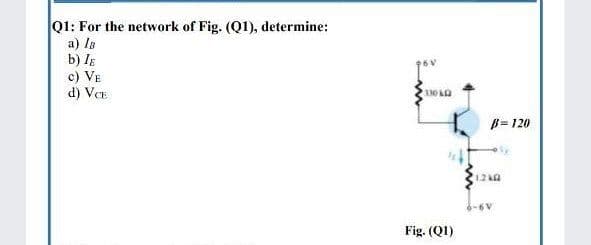 Q1: For the network of Fig. (Q1), determine:
a) Is
b) IĘ
c) VE
d) VCE
110
B= 120
6-6V
Fig. (Q1)
