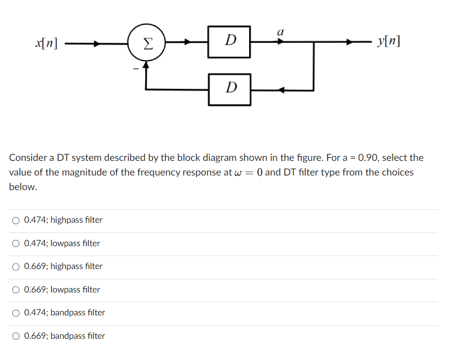 a
x[n]
Σ
D
y[n]
D
Consider a DT system described by the block diagram shown in the figure. For a = 0.90, select the
value of the magnitude of the frequency response at w = 0 and DT filter type from the choices
below.
0.474; highpass filter
0.474; lowpass filter
0.669; highpass filter
0.669; lowpass filter
O 0.474; bandpass filter
0.669; bandpass filter
