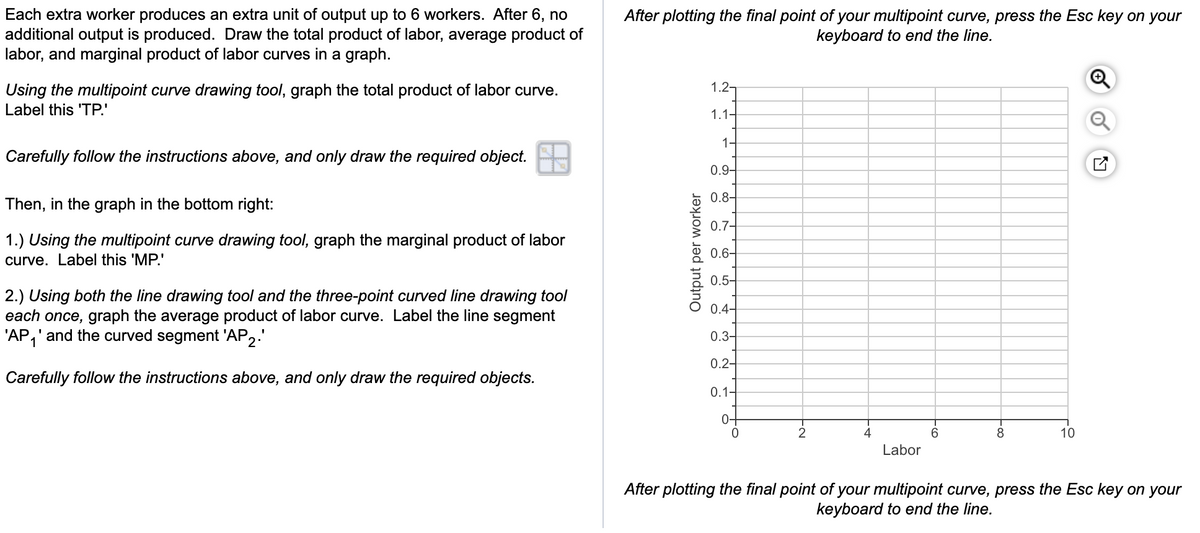 Each extra worker produces an extra unit of output up to 6 workers. After 6, no
additional output is produced. Draw the total product of labor, average product of
labor, and marginal product of labor curves in a graph.
Using the multipoint curve drawing tool, graph the total product of labor curve.
Label this 'TP.'
Carefully follow the instructions above, and only draw the required object.
Then, in the graph in the bottom right:
1.) Using the multipoint curve drawing tool, graph the marginal product of labor
curve. Label this 'MP.'
2.) Using both the line drawing tool and the three-point curved line drawing tool
each once, graph the average product of labor curve. Label the line segment
'AP₁' and the curved segment 'AP2.'
Carefully follow the instructions above, and only draw the required objects.
After plotting the final point of your multipoint curve, press the Esc key on your
keyboard to end the line.
Output per worker
1.2-
1.1-
1-
0.9-
0.8+
0.7-
0.6-
0.5-
0.4-
0.3-
0.2-
0.1-
0+
0
2
4
Labor
6
8
10
Q
Q
After plotting the final point of your multipoint curve, press the Esc key on your
keyboard to end the line.