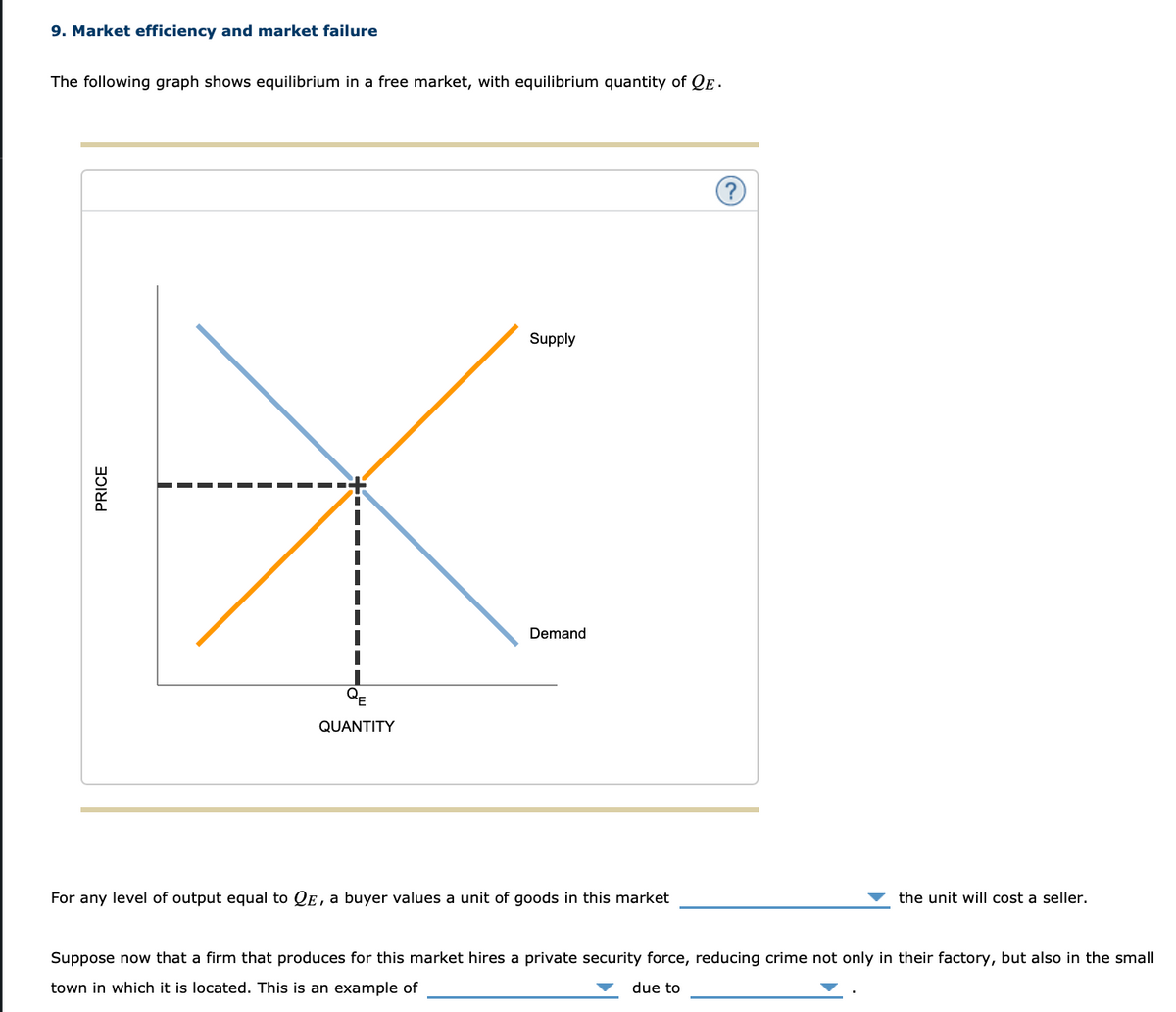 9. Market efficiency and market failure
The following graph shows equilibrium in a free market, with equilibrium quantity of QE.
PRICE
QUANTITY
Supply
Demand
For any level of output equal to QE, a buyer values a unit of goods in this market
the unit will cost a seller.
Suppose now that a firm that produces for this market hires a private security force, reducing crime not only in their factory, but also in the small
town in which it is located. This is an example of
due to