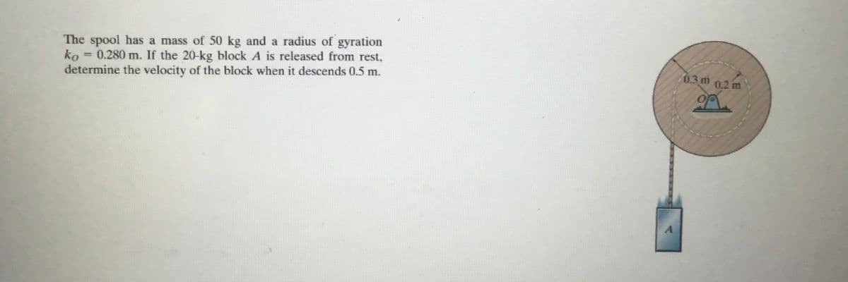 The spool has a mass of 50 kg and a radius of gyration
ko 0.280 m. If the 20-kg block A is released from rest,
determine the velocity of the block when it descends 0.5 m.
=
A
0.3 m 0.2 m
op