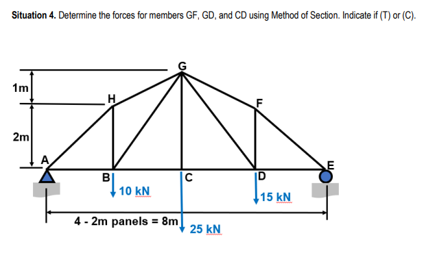 Situation 4. Determine the forces for members GF, GD, and CD using Method of Section. Indicate if (T) or (C).
1m
2m
H
B
10 kN
4 - 2m panels = 8m
C
25 KN
F
ID
15 kN