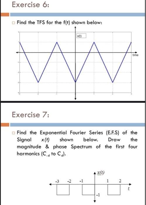 Exercise 6:
Find the TFS for the f(t) shown below:
x(t)
WW
Exercise 7:
Find the Exponential Fourier Series (E.F.S) of the
Signal x (+) shown below. Draw the
magnitude & phase Spectrum of the first four
harmonics (C4 to C₂).
-3
2
-1
x(t)
-1
1
time
N